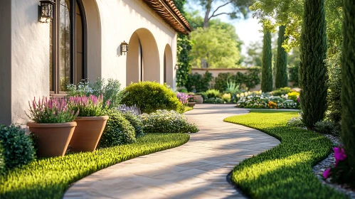 Lush Garden Walkway with Blooming Flowers