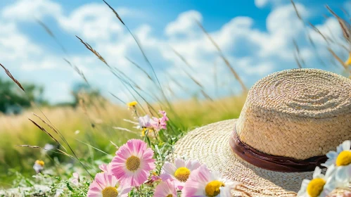 Floral Field with Straw Hat