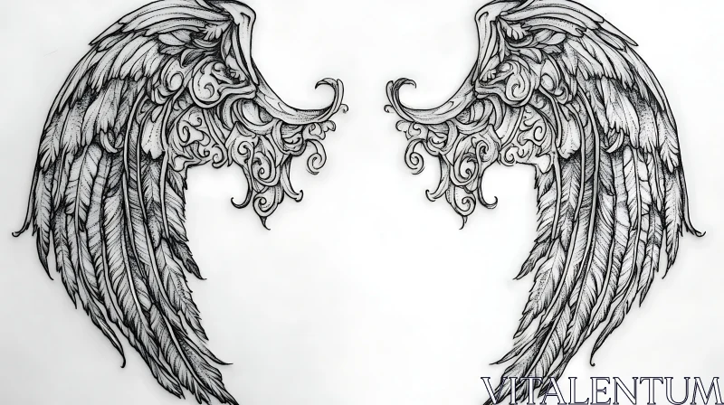 Monochrome Wings Art - Angelic Feather Illustration AI Image