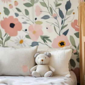 Teddy Bear in Pastel Floral Nursery Scene