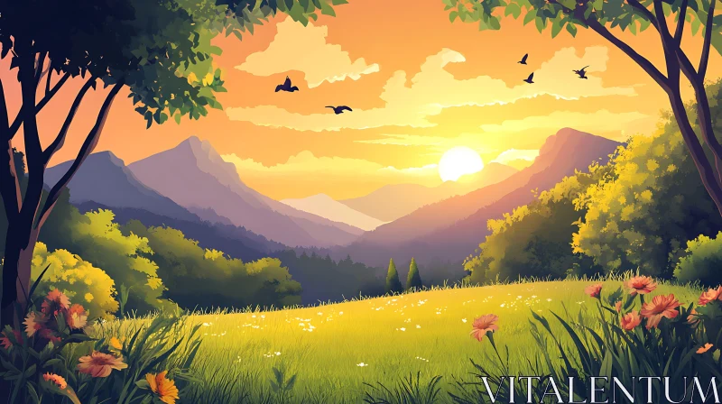 AI ART Peaceful Meadow at Sunset