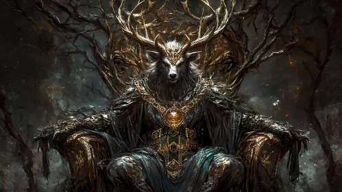 Enthroned Mythical Creature with Antlers