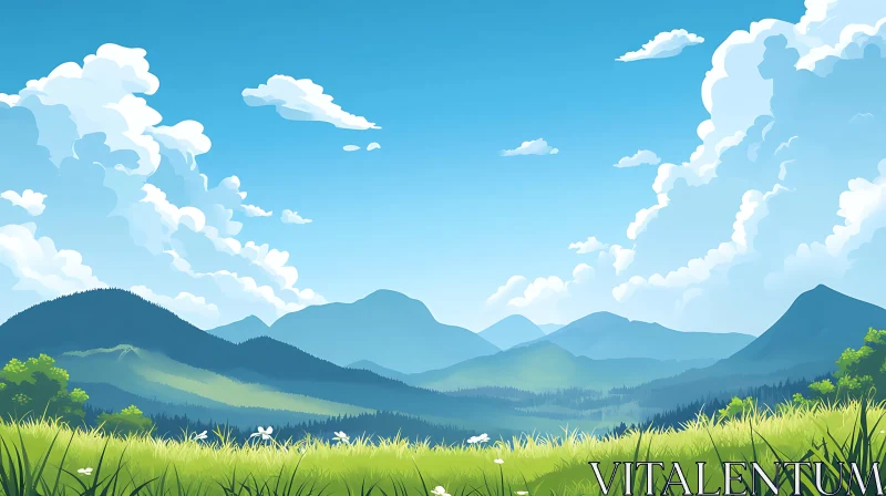 AI ART Green Hills and Blue Sky Illustration