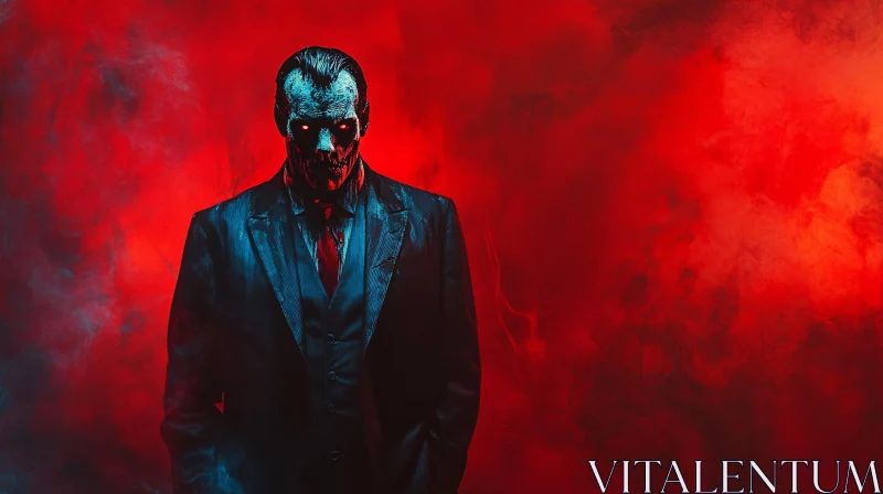 AI ART Zombie in Suit Against Red Backdrop