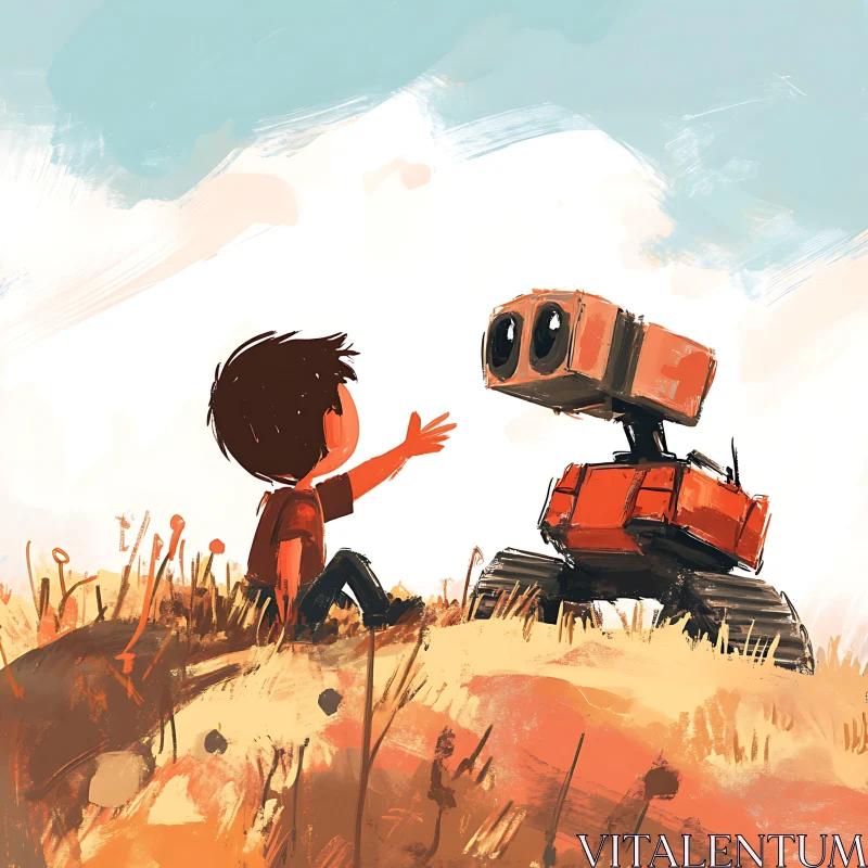 AI ART Illustration of Boy Reaching for Robot