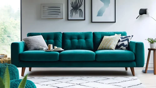 Teal Sofa with Pillows and Wall Art