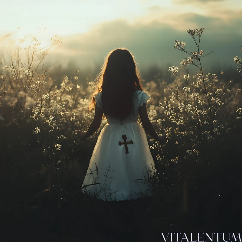 Child in White Dress Among Flowers AI Image