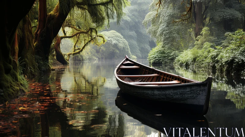Graceful Wooden Boat Drifting Along a Serene Forest River AI Image