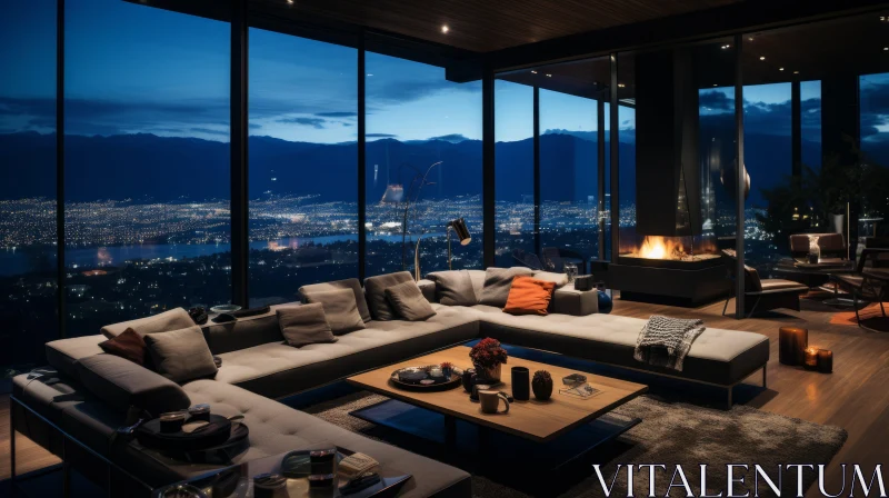 Luxurious Living Room with Breathtaking Night Sky View AI Image