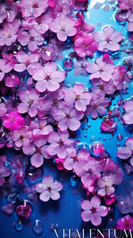Mesmerizing Cherry Blossoms Floating on Blue Water Surface AI Image