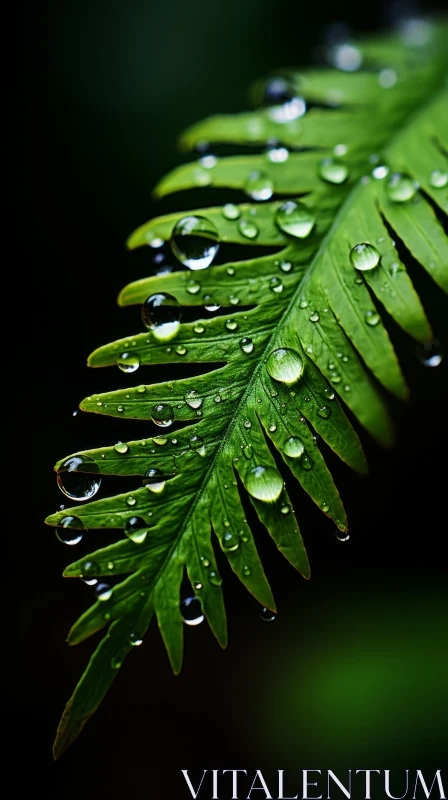Nature's Majesty: Fern Leaf with Dew Drops on Dark Background AI Image