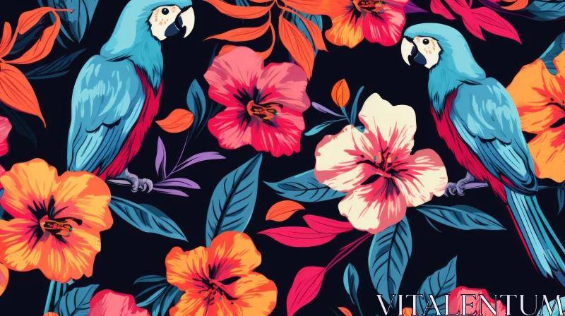 Tropical Floral Paradise with Colorful Parrots - Flat Shaded Art AI Image