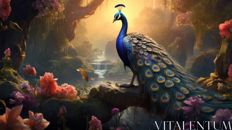 Victorian Inspired Peacock Portrait Amidst Forest AI Image