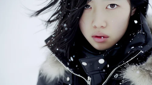 Young Asian Woman in Black Winter Jacket with Fur Collar