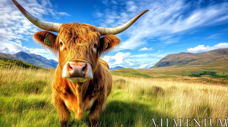 Highland Cow Portrait in Grassy Field AI Image
