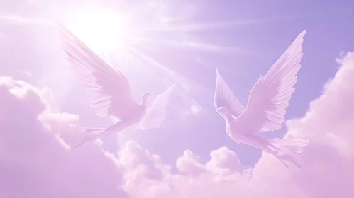 Peaceful Flight of Doves Above Clouds