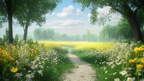 Sunlit Path Through a Flower Meadow