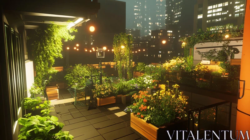 Urban Rooftop Garden at Night