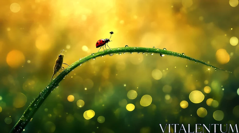 Ladybug and Grasshopper on a Dewy Leaf