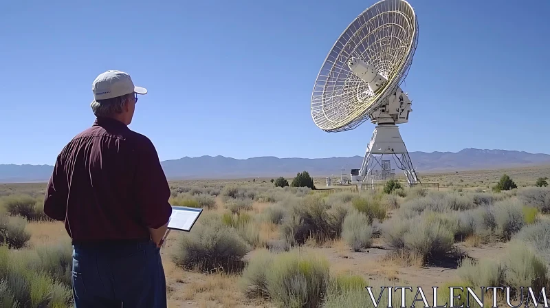 Man and Radio Telescope in Desert Landscape