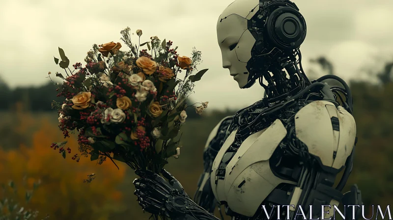 Mechanical Humanoid with Floral Bouquet AI Image