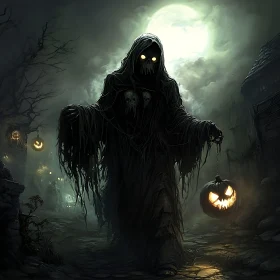 Moonlit Haunt: Ghostly Figure with Pumpkin