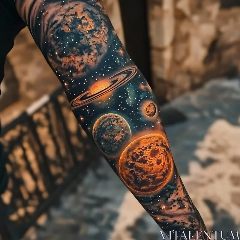 Cosmic Arm Tattoo Featuring Detailed Planets