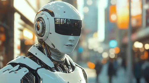 Sleek White Robot in Urban Setting