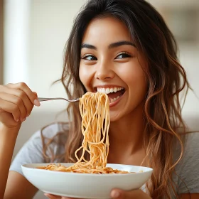 Girl Smiling While Eating Pasta