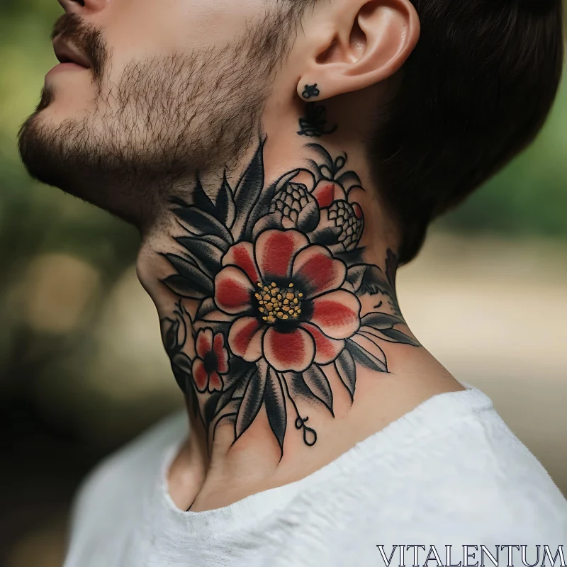 Intricate Floral Tattoo on Neck