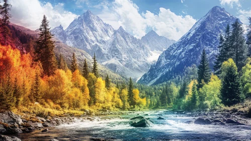 Autumn River Scene with Mountain Backdrop
