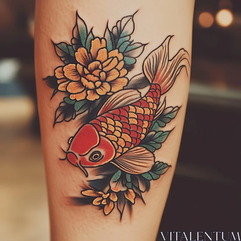 Intricate Koi Fish and Flowers Tattoo Art