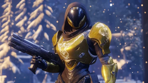 Futuristic Golden Warrior in Snowy Landscape