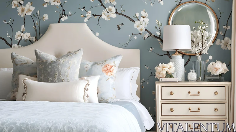 AI ART Serene Bedroom with Floral Wallpaper and Decor