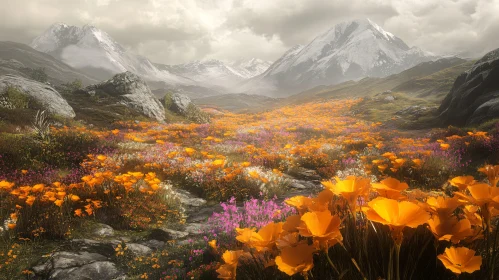 Flowerful Meadow with Majestic Mountain Scenery