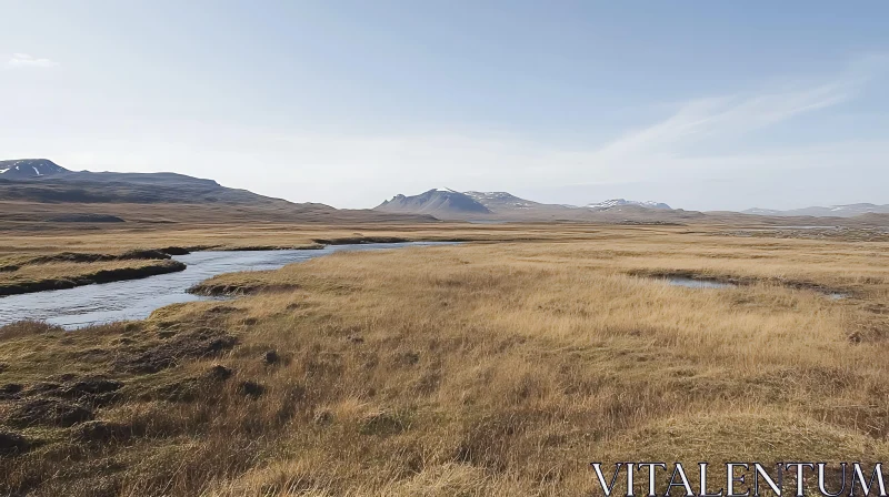 Mountains Landscape with River and Field