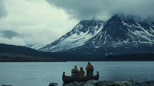 Figures on Lake with Mountain Backdrop