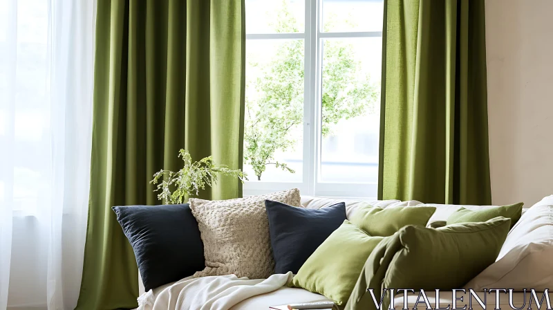 Living Room with Green Curtains and Pillows
