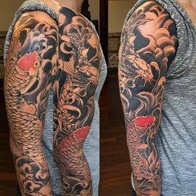 Traditional Japanese Koi Fish Full Sleeve Tattoo