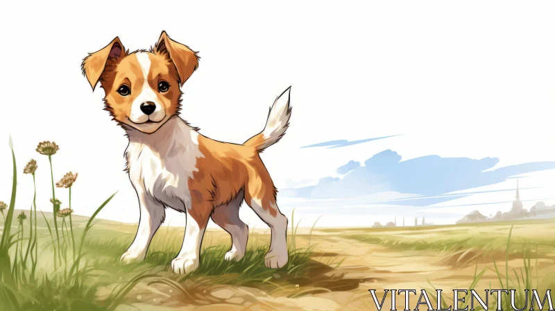 Anime-Inspired Cartoon Dog in Realistic Field Landscape AI Image
