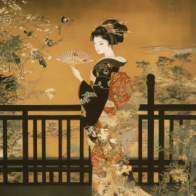 Japanese Woman in Kimono Holding Fan