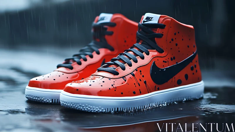 Red Nike Shoes on Wet Surface