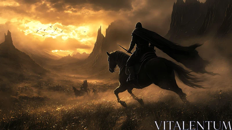 Warrior on Horseback in Fantasy Landscape