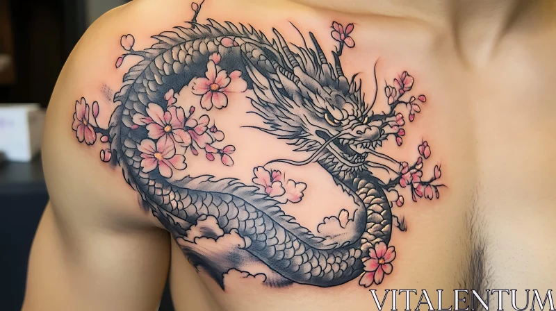 Intricate Dragon and Cherry Blossom Tattoo Design