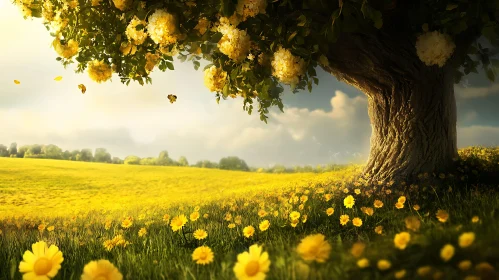 A Yellow Meadow with Flowers and Tree