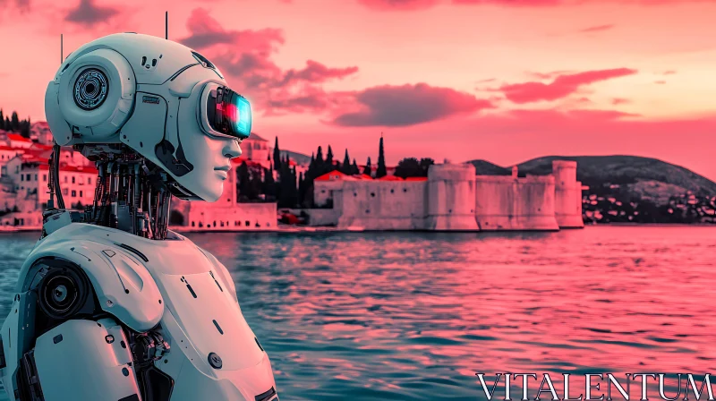 Cyborg by Historical Waterfront at Dusk
