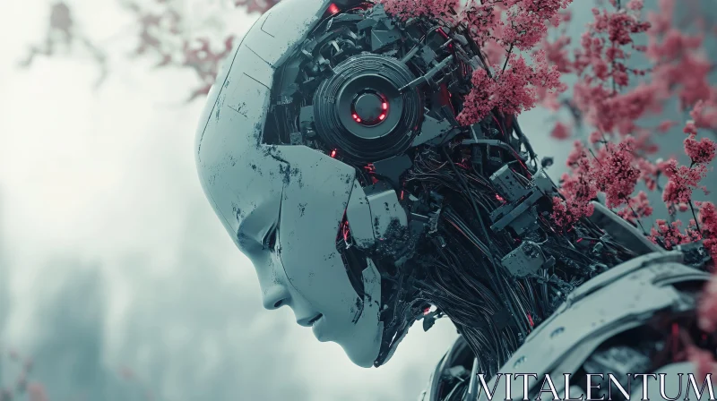 Cyborg in Nature with Red Blossoms