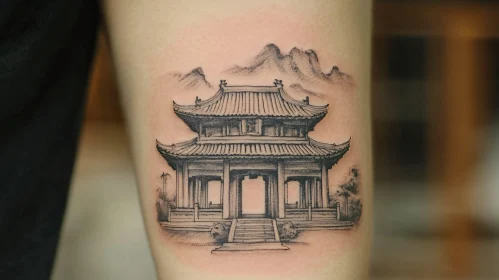 Ornate Asian Temple Tattoo in Black and Grey