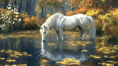White Unicorn Drinking in Golden Pond