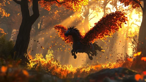 Winged Horse in Fall Forest